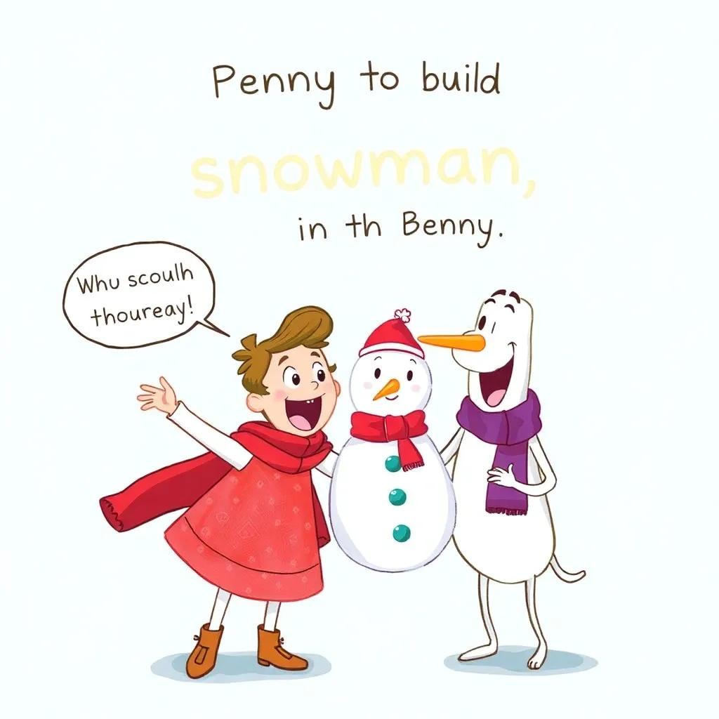 Penny excitedly proposing to build a snowman together with Benny, both characters smiling with energy, displaying their playful bond, animated and fun atmosphere, colorful
