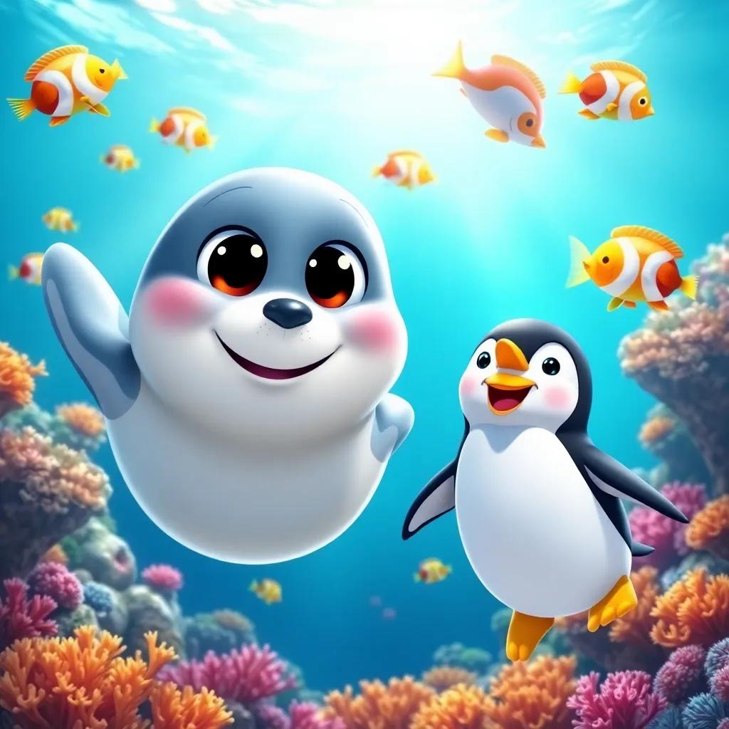 A smiling seal with big, friendly eyes swimming beside Penny the Penguin in the sparkling blue ocean, colorful fish swimming around, coral reefs in the background, joyful and playful vibe, bright and cheerful, high quality