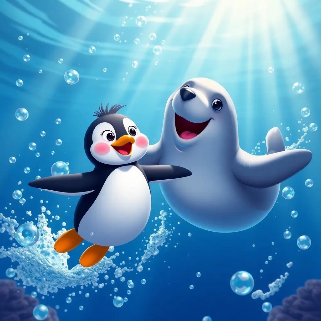 Penny the Penguin and the friendly seal swimming together, splashing water everywhere, bubbles rising with sunlight shining down, underwater scene, fun and adventurous, colorful and lively, high quality