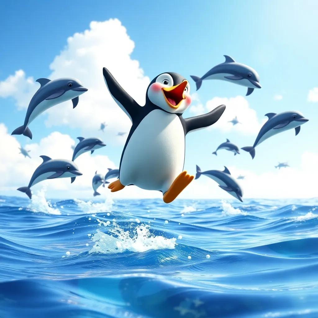 Penny the Penguin jumping out of the water, surrounded by dolphins leaping in the air, a bright sunny day with a clear blue sky, feeling joyful and free, dynamic and energetic scene, high quality
