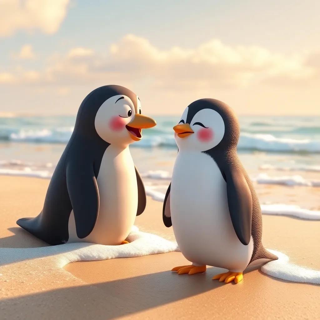 Penny the Penguin saying goodbye to the seal on a sunny beach, with gentle waves lapping at the shore, emotional farewell, warm light and happy expressions, heartwarming scene, high quality
