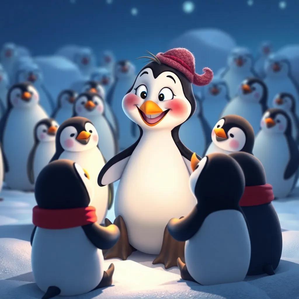 Penny the Penguin with a big smile, sharing her adventure stories with her friends in the snowy colony, all sitting around her attentively, warm glow and cozy atmosphere, high quality
