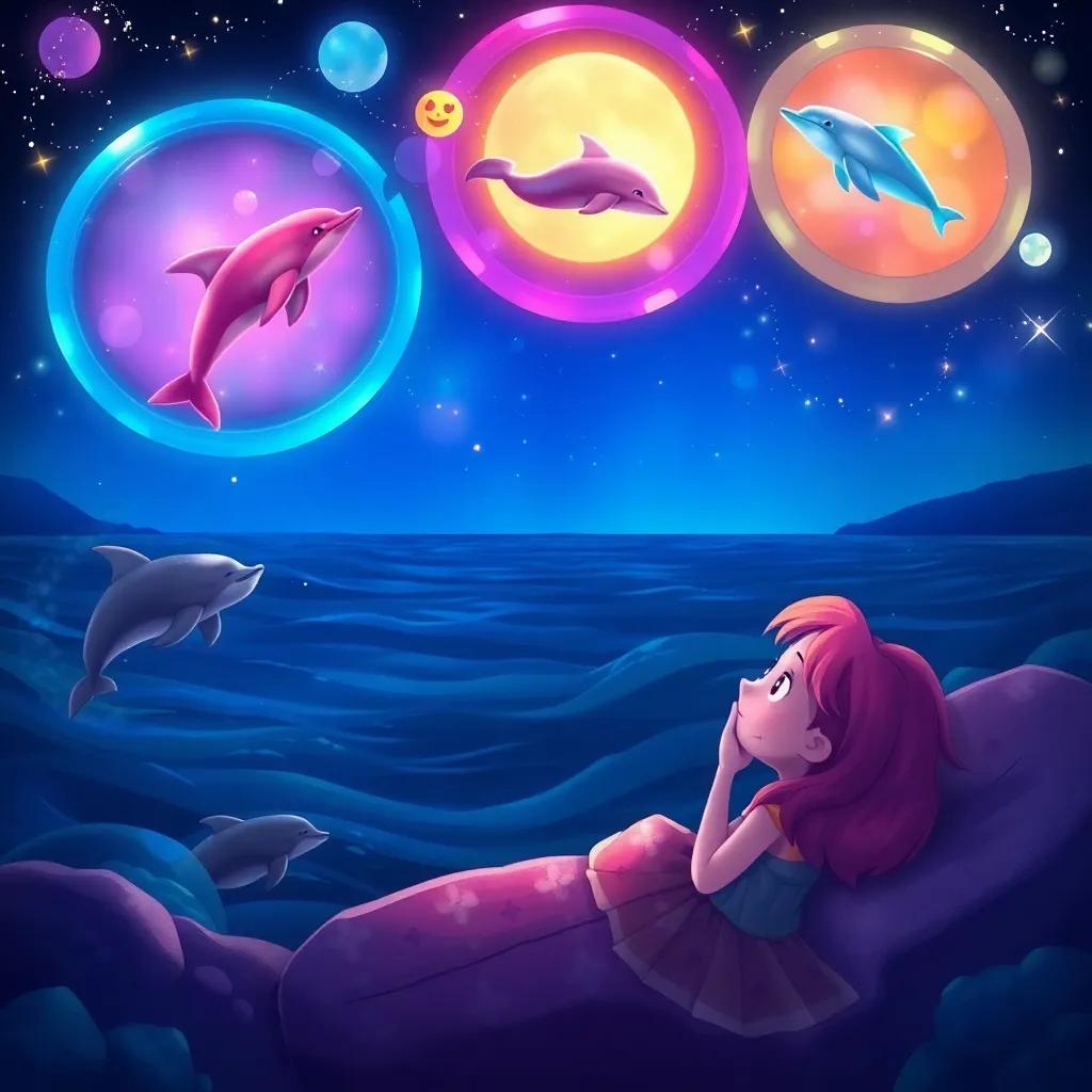 A beautiful night scene with Penny dreaming of the ocean, colorful dream bubbles illustrating her adventures with bright dolphins and seals, dreamy and imaginative atmosphere, high quality
