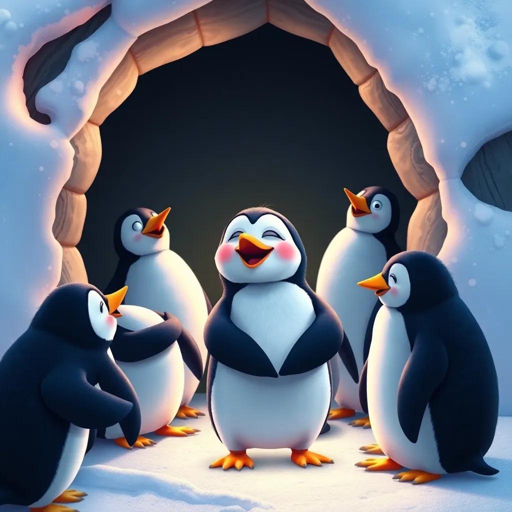 Penny the Penguin happily back at her icy home, surrounded by her friends, sharing laughter and joy, scene filled with warmth and love, snowy backdrop, high quality