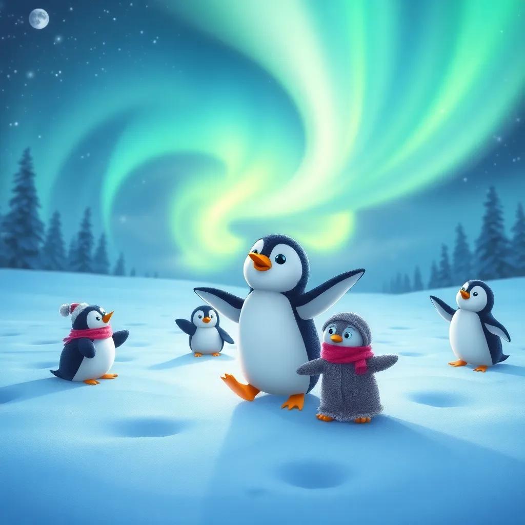 Penny the Penguin with her friends, making snow angels while the aurora borealis lights up the night sky, magical and whimsical, high quality