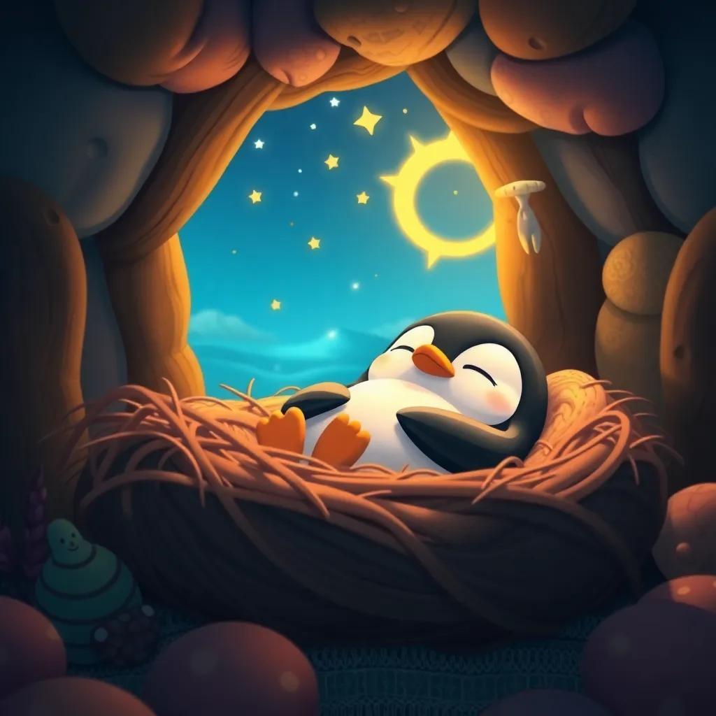 Penny the Penguin cozy in her nest, dreaming peacefully about her ocean adventures, warm colors and soft details, bedtime story vibe, high quality