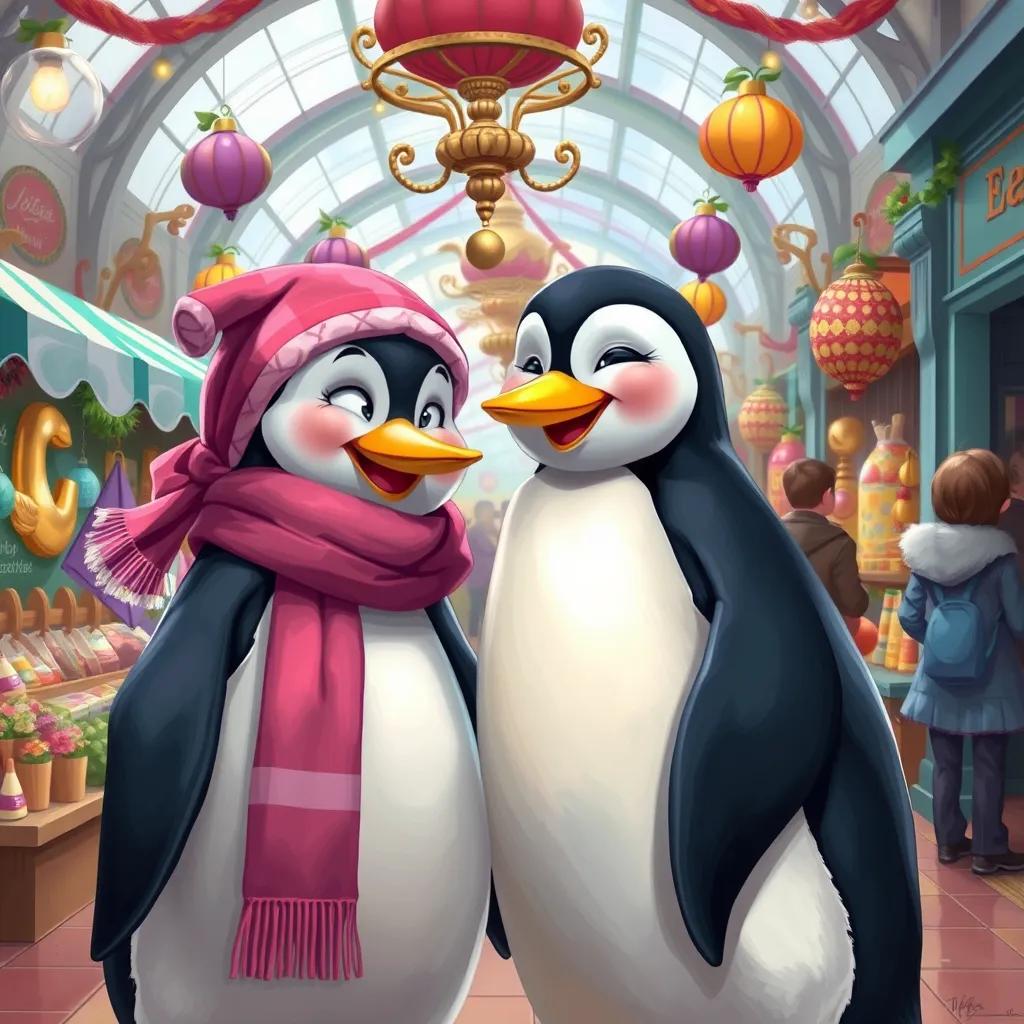 A lovely penguin named Lila wearing a beautiful scarf, smiling at Penny. They are surrounded by stalls at the mall, fun decorations and happy shoppers, digital art, friendly and inviting