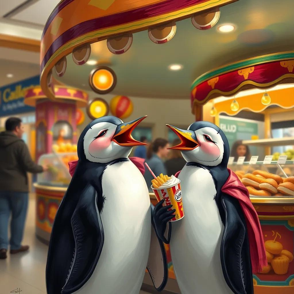 Penny and Lila enjoying snacks at a colorful food stall inside the mall, laughter in the air, both penguins looking happy, digital art, vibrant and full of life