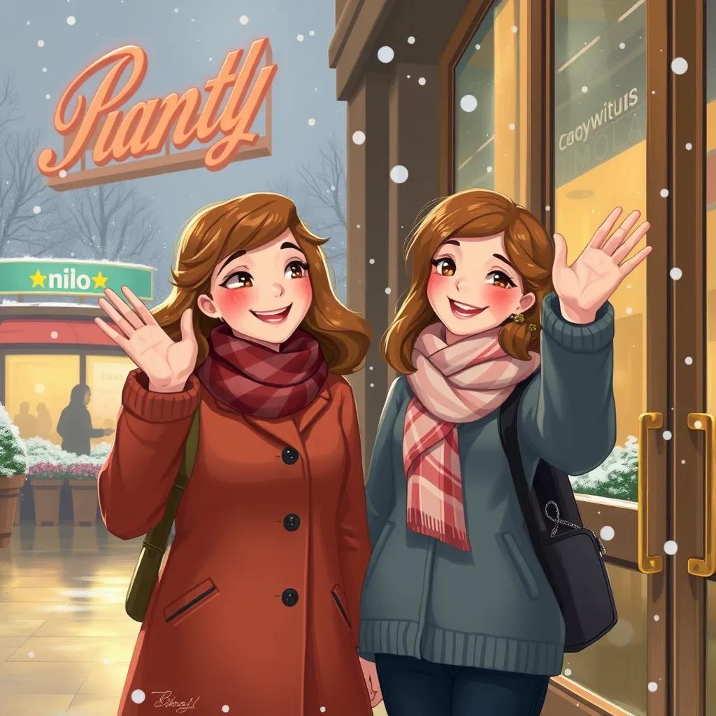 Penny and Lila waving goodbye outside the mall, smiling with warm expressions, snowflakes gently falling around them, digital art, heartwarming scene