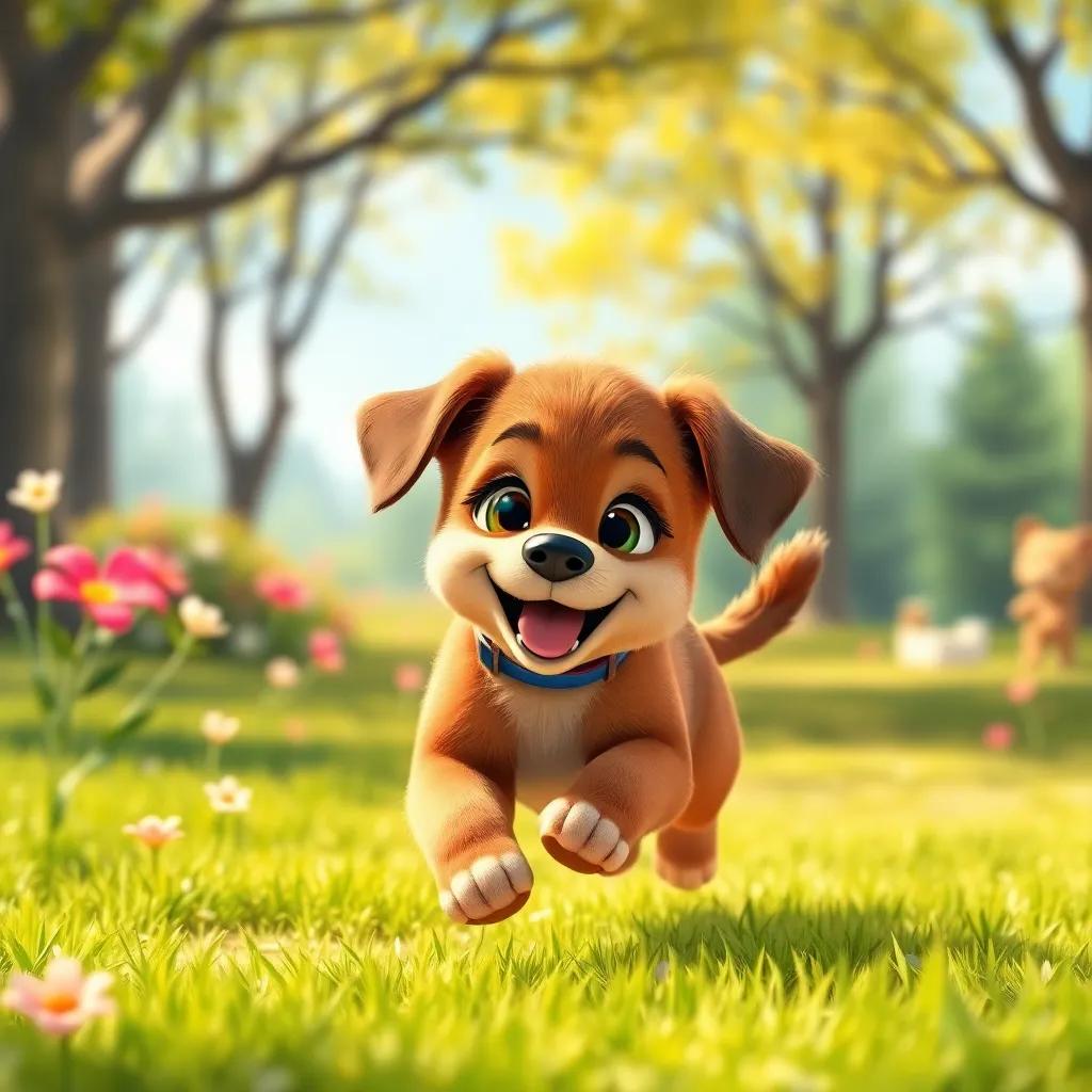 A cheerful puppy, Penny, with shiny brown fur, running in a sunny park with green grass and blooming flowers, playful and energetic, digital art, bright colors, joyful atmosphere, high quality