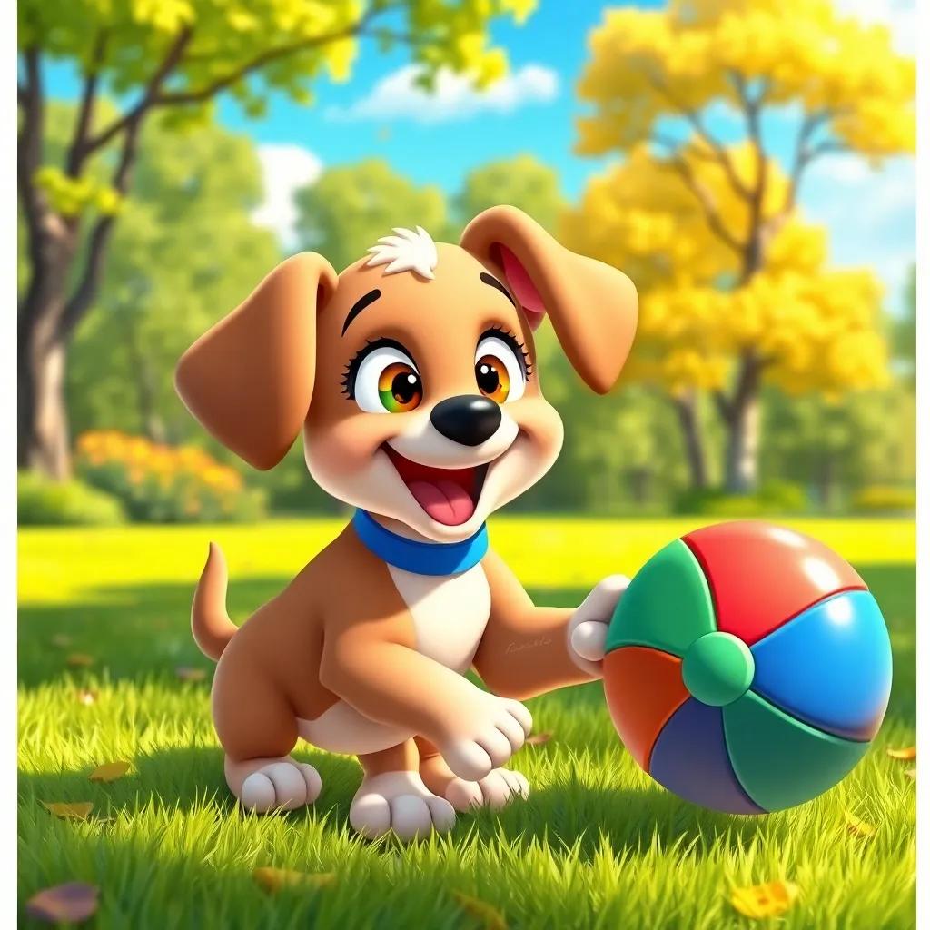 Penny the puppy picking up a colorful ball in the park, her ears flopping, excitement in her eyes, vibrant background with trees and blue skies, illustration, fun and lively, child-friendly