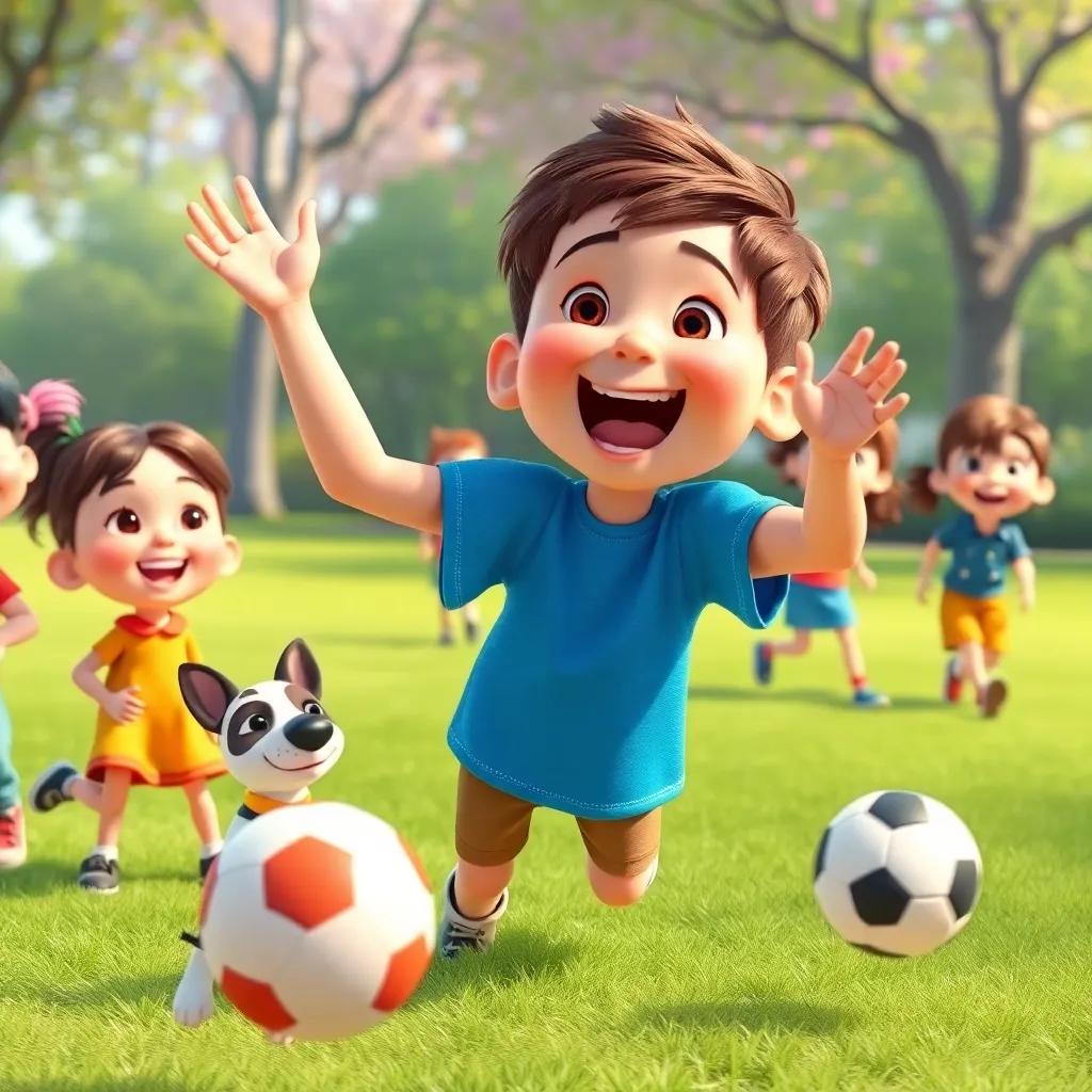 A little boy, Jack, with short brown hair and a blue t-shirt, cheering as Penny fetches the ball, surrounded by friends, happy expressions, colorful park scene, cheerful art, engaging and fun