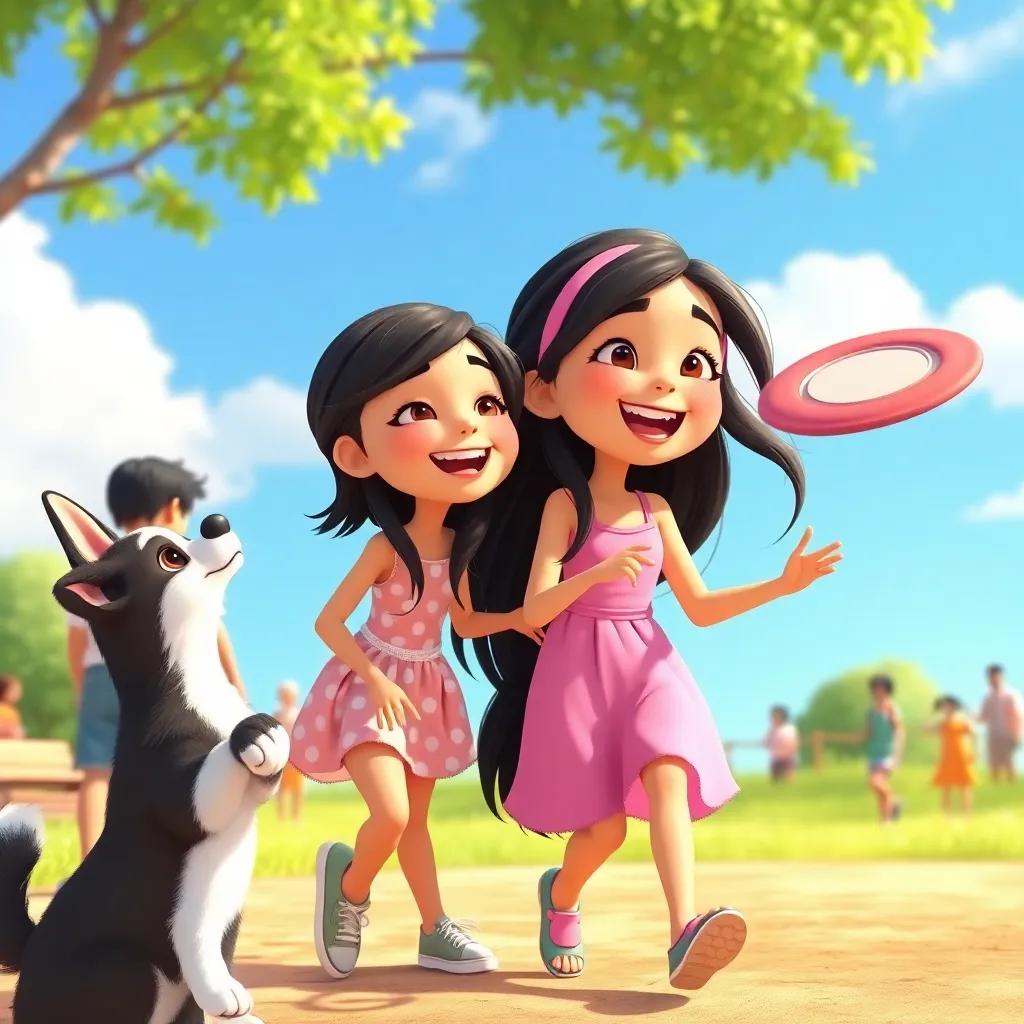 Penny playing with a frisbee alongside a girl named Mia, with long black hair and a pink dress, everyone is laughing, sunny day with bright colors, lively atmosphere, high quality illustration