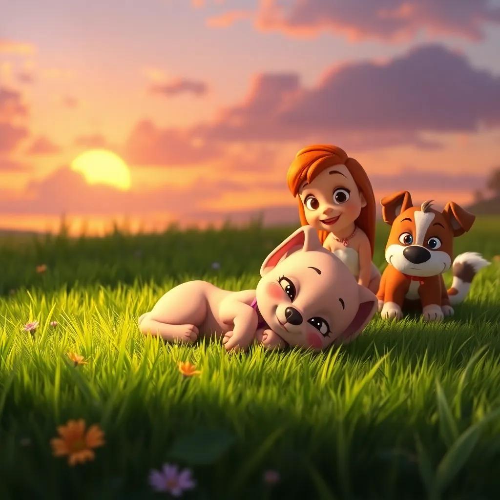 Penny resting on green grass after playing, surrounded by Jack and Mia, a sunset sky in the background, soft light casting warm colors, peaceful and happy scene, heartwarming art, child-friendly