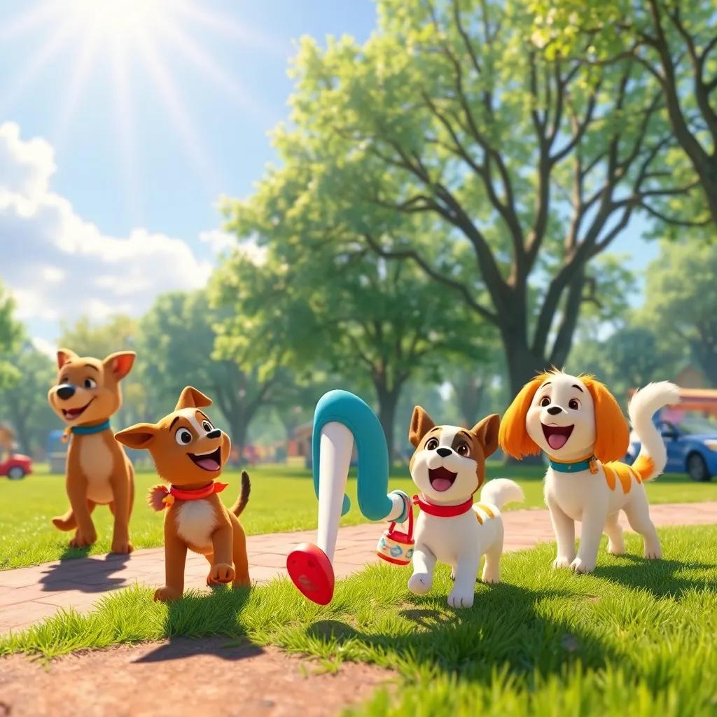 A magical scene of Penny at the park the next day, with friends playing fetch, bright sunlight and laughter filling the air, characters joyful and playful, vibrant colors, high quality illustration