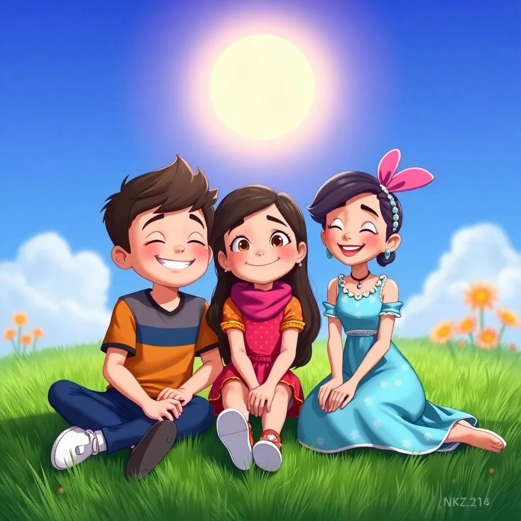 Jack, Mia, and Penny sitting together on the grass, smiling and enjoying their time, the sun shining brightly over their friendship, heartwarming scene, delightful colors, child-friendly
