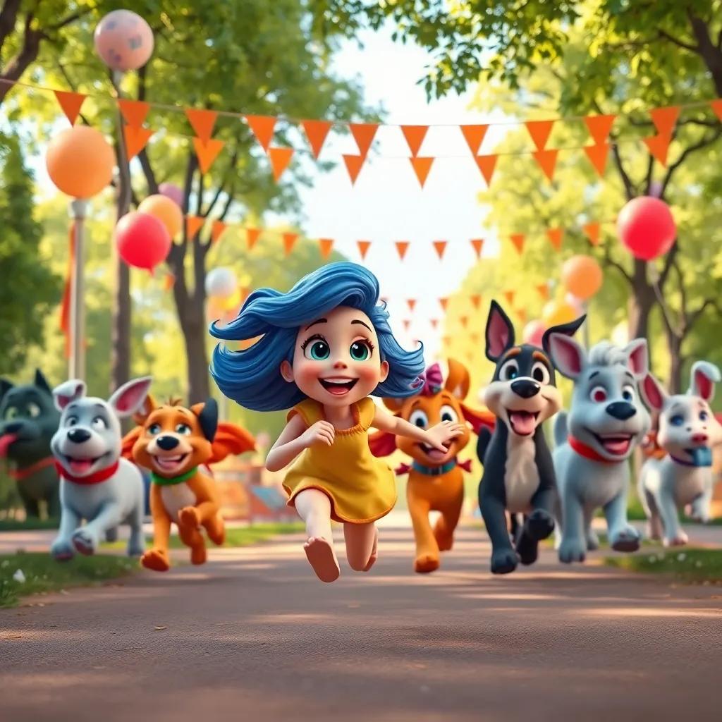 Penny running happily through the park with her friends, colorful balloons and banners in the background, capturing the joy of companionship, vibrant art, engaging and uplifting scene