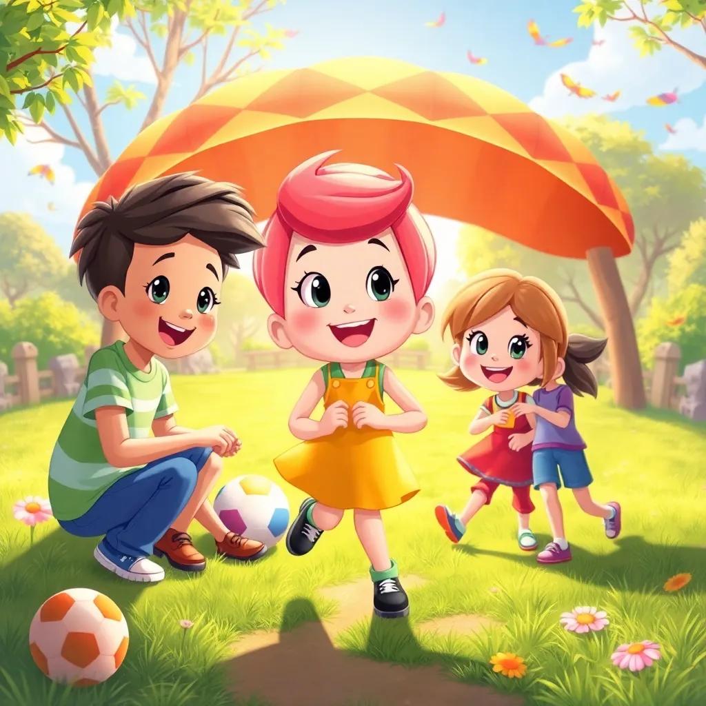 Penny's adventure in the park turned into a beautiful friendship day, surrounded by friends, playing all sorts of games, bright and joyful atmosphere, high quality illustration