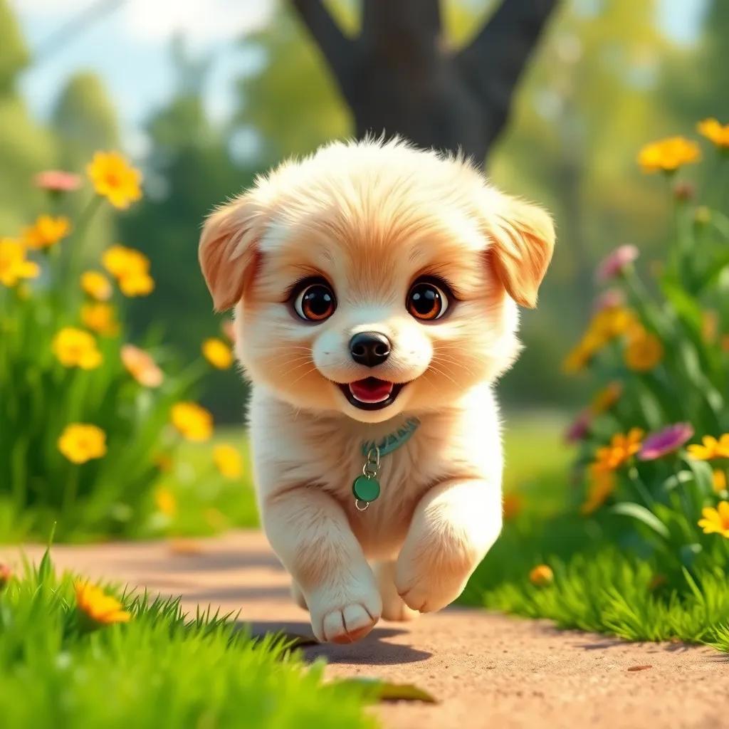 A small fluffy puppy, Penny, with shiny golden fur and big bright eyes, running happily in a sunny park filled with green grass and colorful flowers, digital art, vibrant colors, cheerful atmosphere, high quality