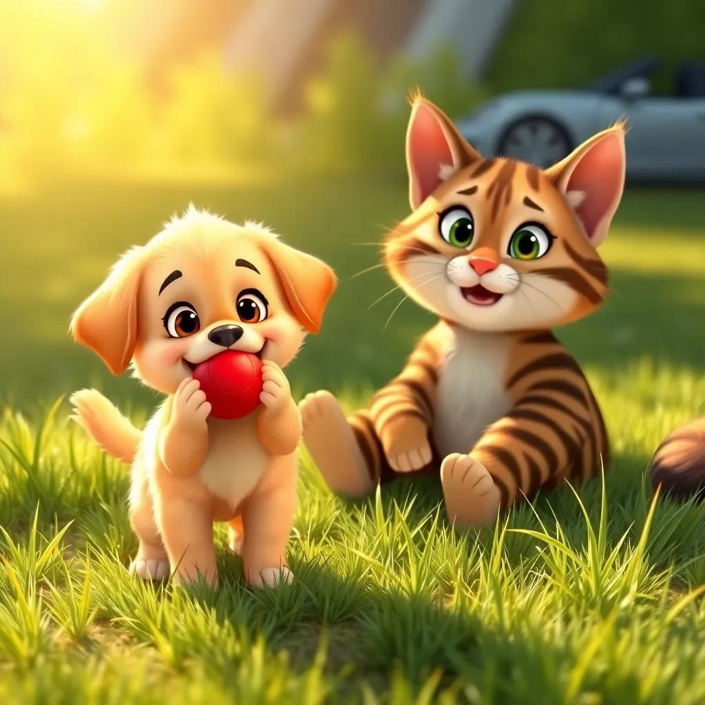 Penny, a small fluffy puppy with golden fur, holding a red ball in her mouth, standing next to Tommy the Tabby Cat lounging on a sunny patch of grass, playful scene, cartoon style, warm sunlight, inviting ambiance, high quality
