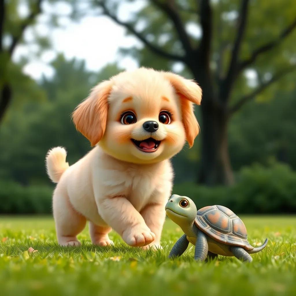 Penny, a small fluffy puppy with golden fur, happily playing fetch, with a little turtle named Tilly watching her, green park background, soft focus, cheerful and charming, high quality