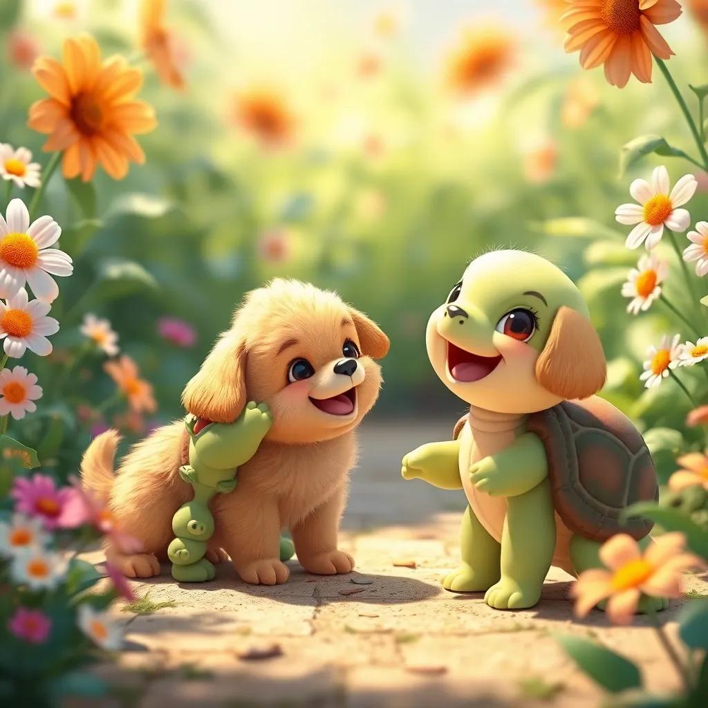 Penny, a small fluffy puppy with golden fur, joyfully inviting Tilly the turtle to play, surrounded by playful flowers, friendly atmosphere, colorful and bright, high quality
