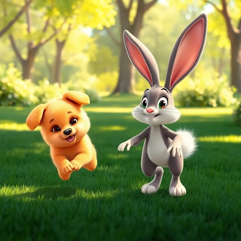 Penny, a small fluffy puppy with golden fur, hopping excitedly next to Benny the Bunny, who has long ears and a fluffy tail, in a vibrant park scene with sunlit greenery, cheerful, playful, high quality