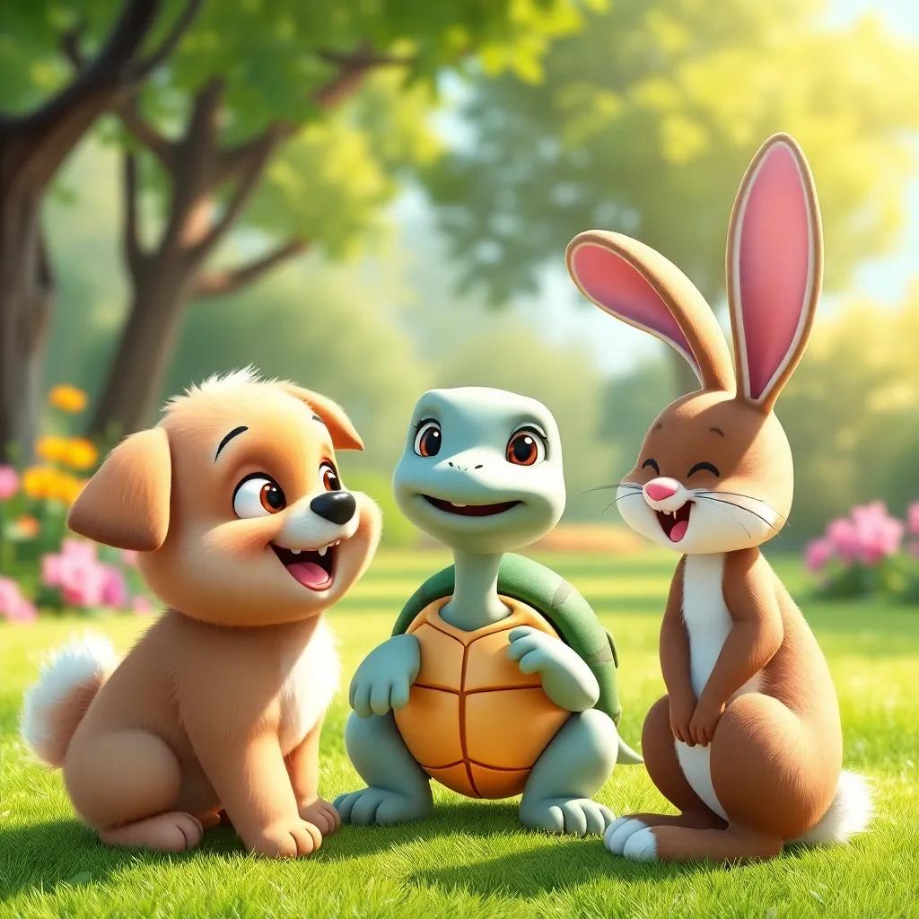 A group of animals, Penny the small fluffy puppy, Tilly the turtle, and Benny the bunny, gathered in a circle, sharing laughs and smiles in a sunny park setting, joyful vibe, colorful, heartwarming, high quality