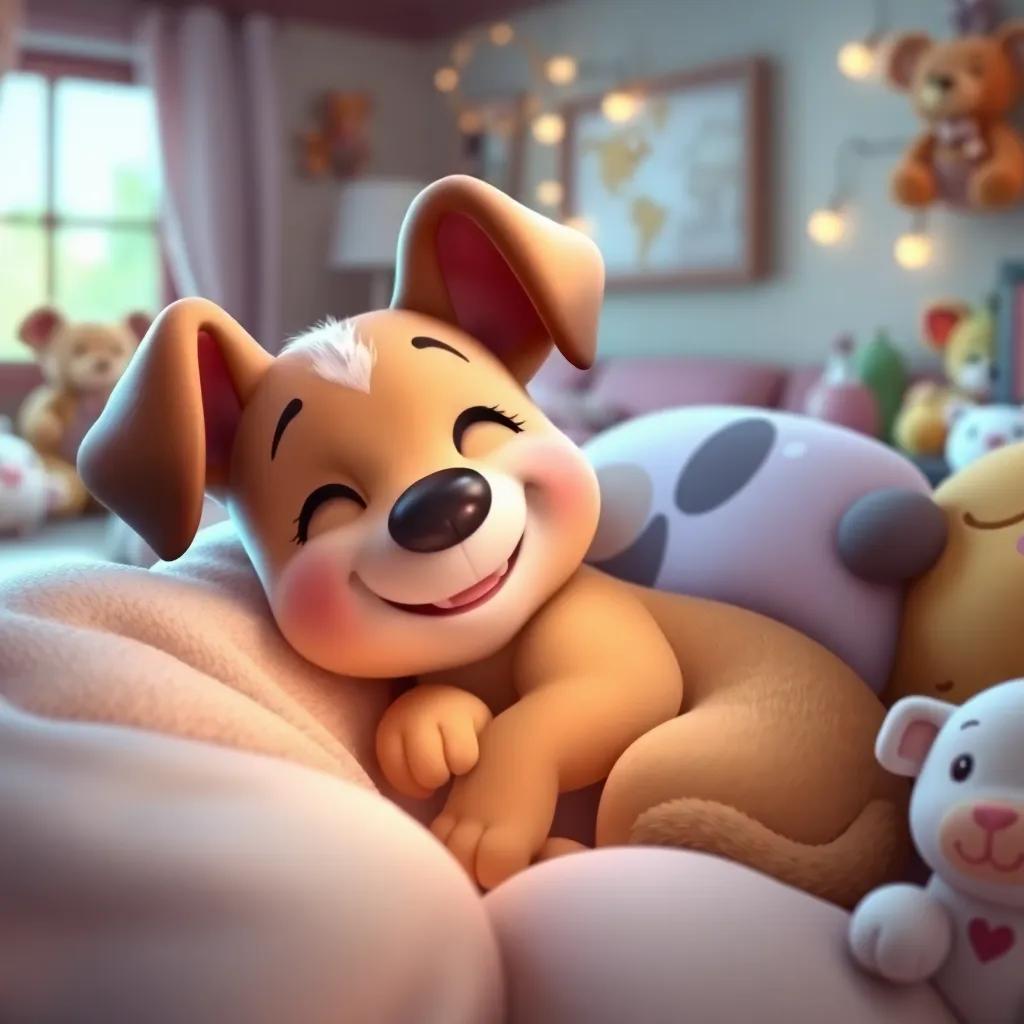 Penny the playful puppy, snuggled in her cozy bed with a content smile on her face, dreaming of adventures in a room filled with soft toys and warm light, cozy atmosphere, dreamy, high quality