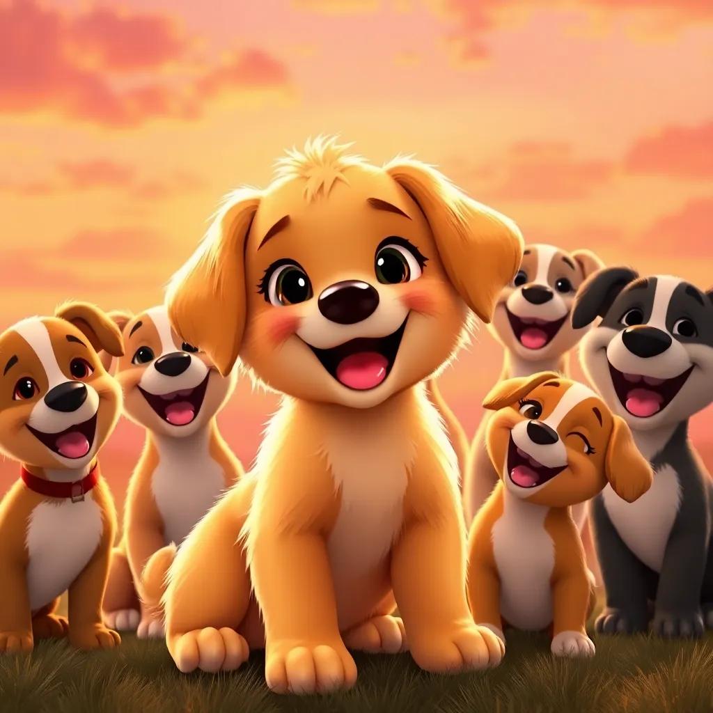 Penny the playful puppy with golden fur, surrounded by her friends, all smiling and laughing together, under a sunset sky with orange and pink hues, heartwarming scene, vibrant and cheerful, high quality