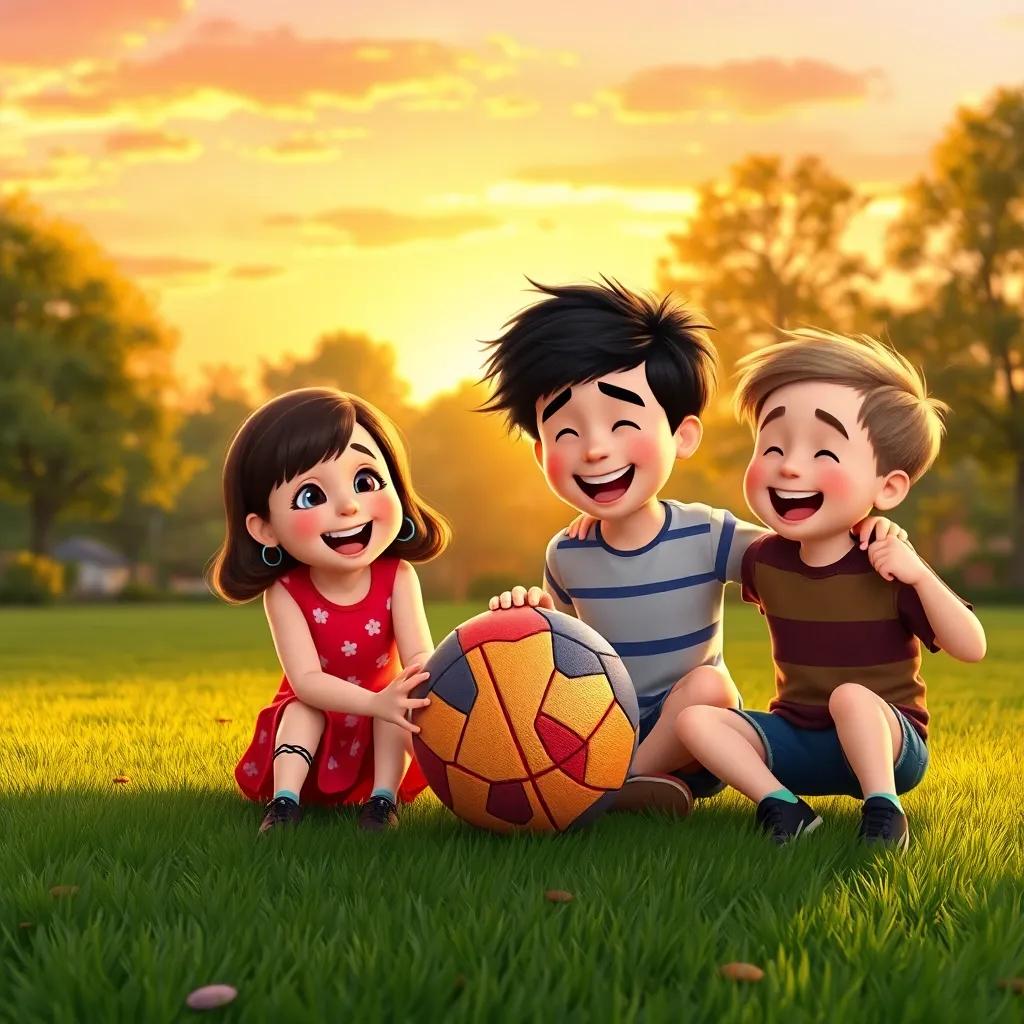 Penny, Tilly, Benny, and Tommy laughing together with a ball in the park at sunset, their friendships shining bright, colorful, heartwarming, high quality