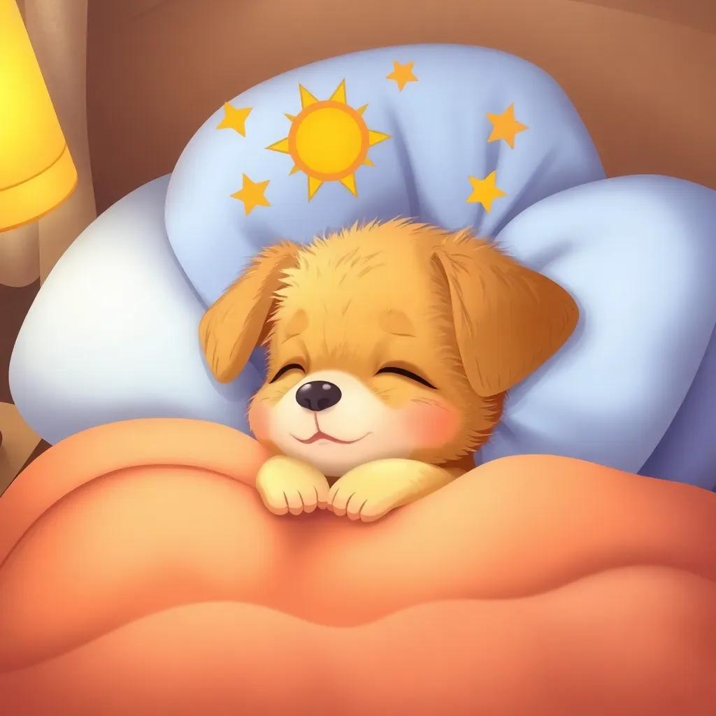 Penny, a small fluffy puppy with golden fur, asleep in her cozy bed with a peaceful expression, dreaming of fun friends and sunny days, warm colors, dreamy, high quality