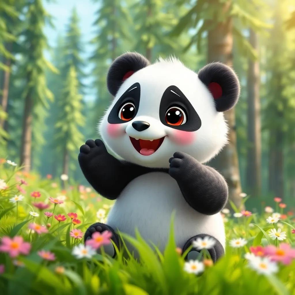 A playful panda, Penny, with white and black fur and sparkling polka dots, living in a bright green forest full of tall trees and flowers, digital art, vibrant colors, cheerful atmosphere, high quality