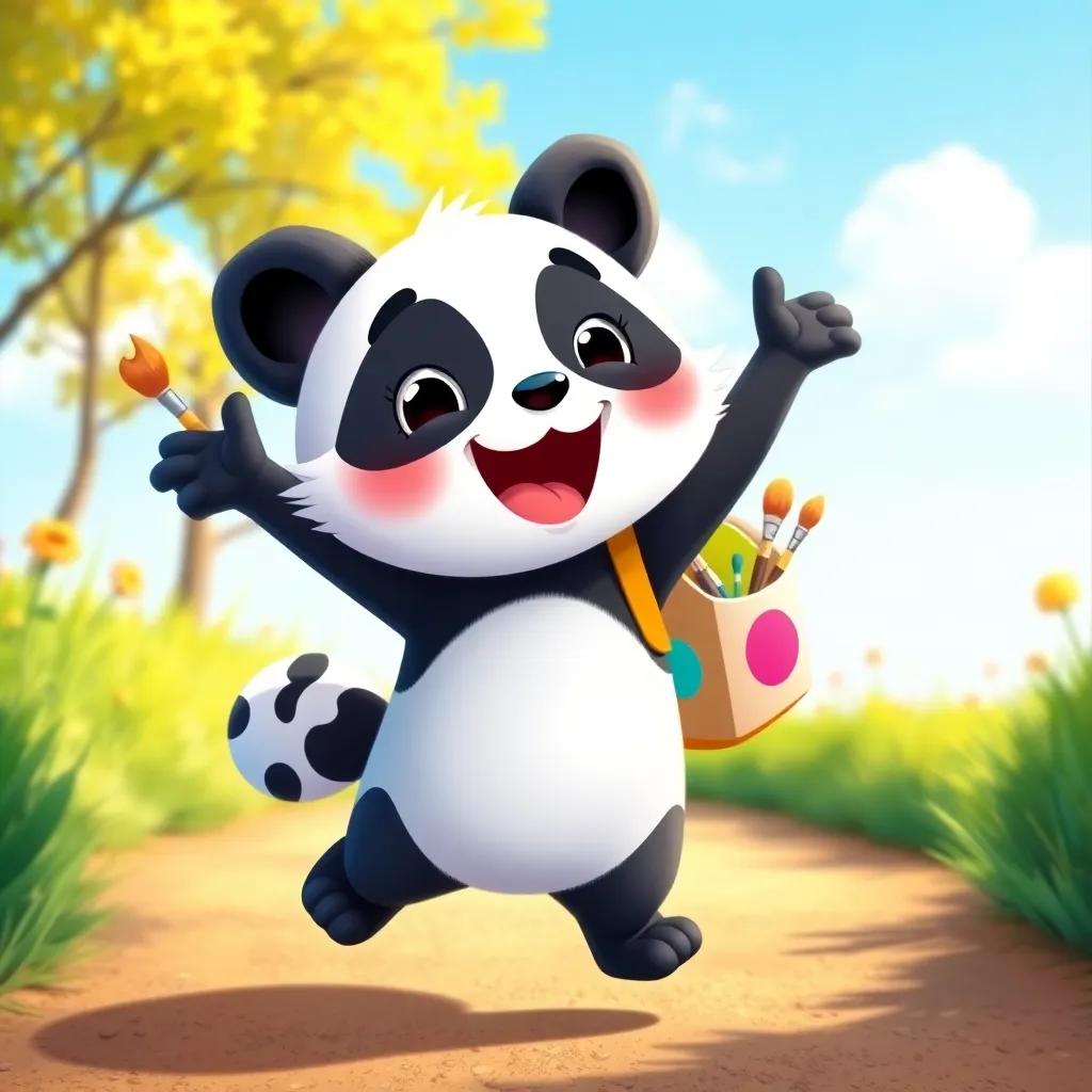 Penny the polka-dotted panda, bouncing with excitement, with colorful paint and brushes in her backpack, standing on a sunny path, illustration, joyful, child-friendly, high quality