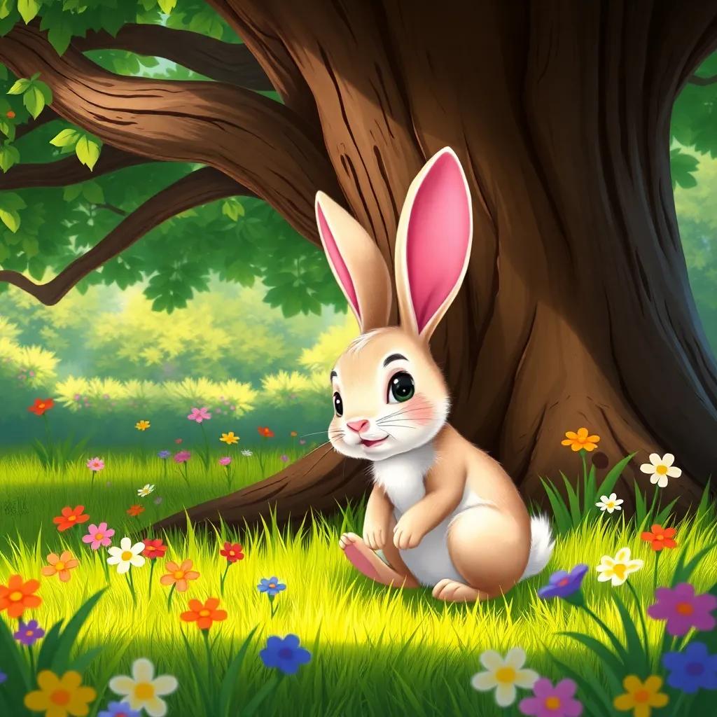 A shy rabbit, Ruby, sitting under a big tree, with bright green grass and colorful flowers around. Penny painting Ruby's ears bright pink, cheerful scene, digital painting, vibrant colors, inviting atmosphere, high quality