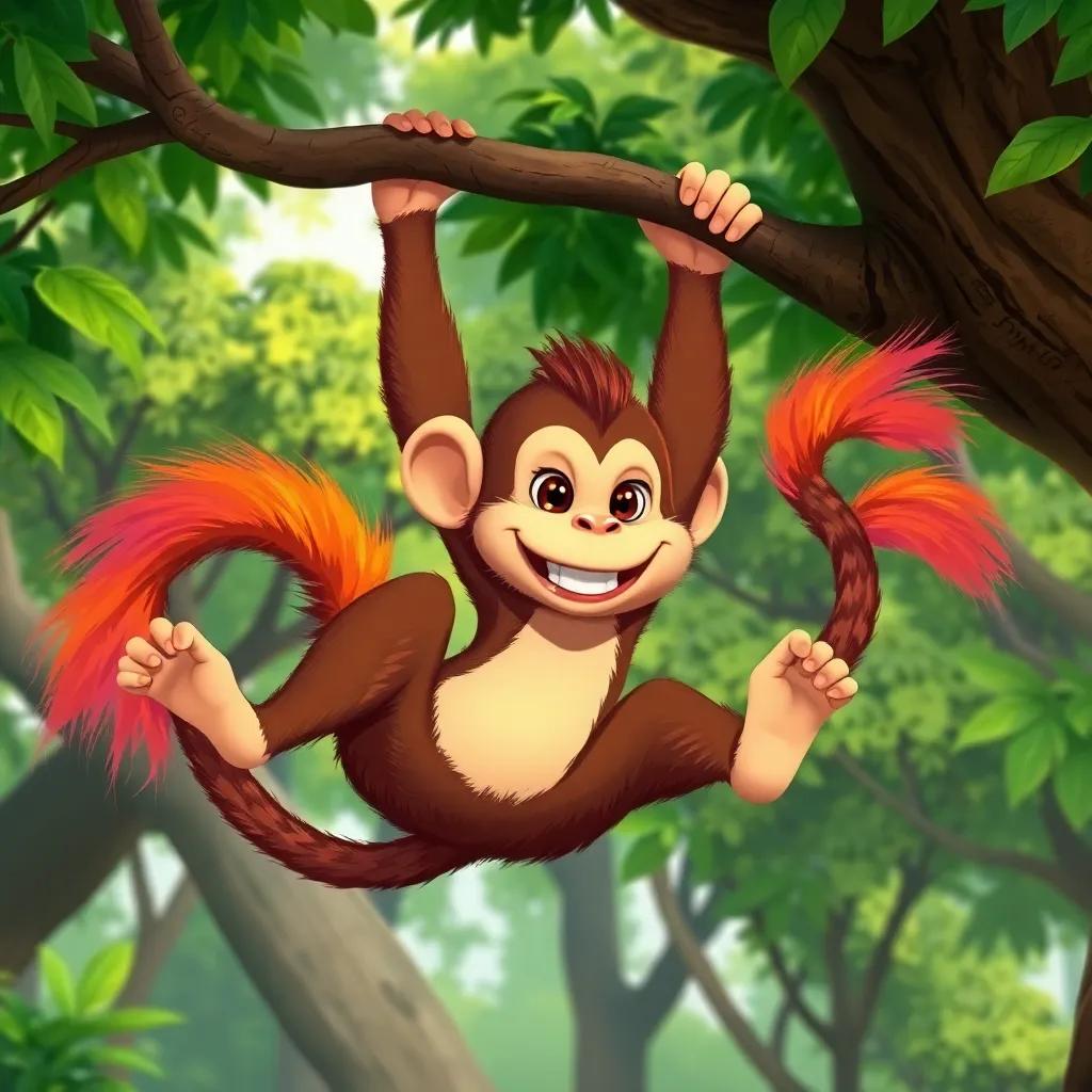 A mischievous monkey, Momo, swinging from tree branches, with Penny painting his tail in wild, bright colors, surrounded by lush green trees, illustration, fun, colorful, high quality