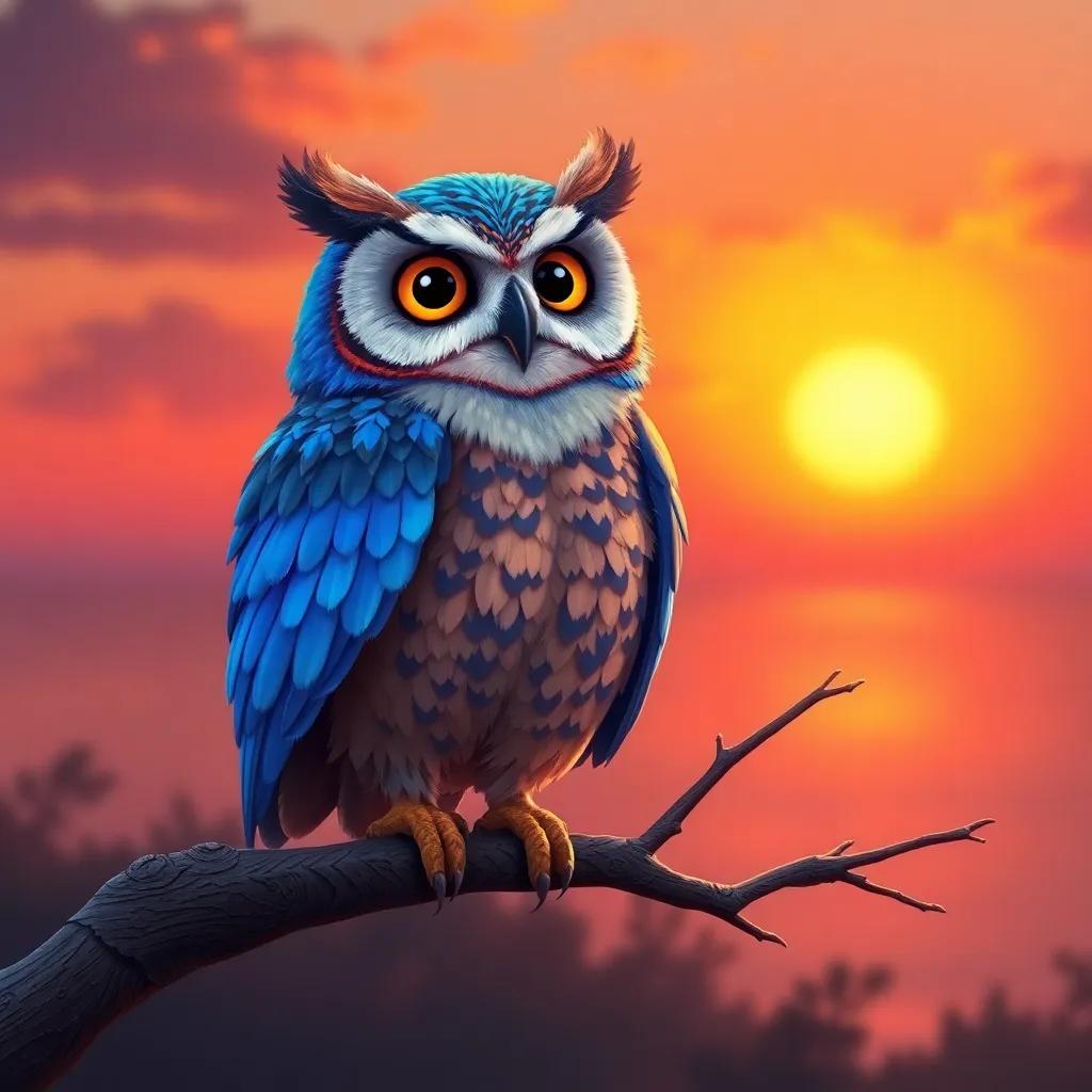Oliver, the wise old owl, perched on a branch, colorful feathers painted bright blue by Penny, with a beautiful sunset in the background, warm colors, peaceful scene, digital art, high quality