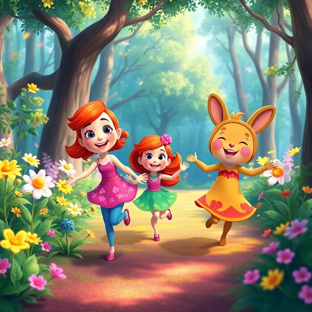 Penny, Ruby, and Momo dancing through a rainbow-like forest, with flowers blooming in joyful colors, digital painting, lively, cheerful, high quality