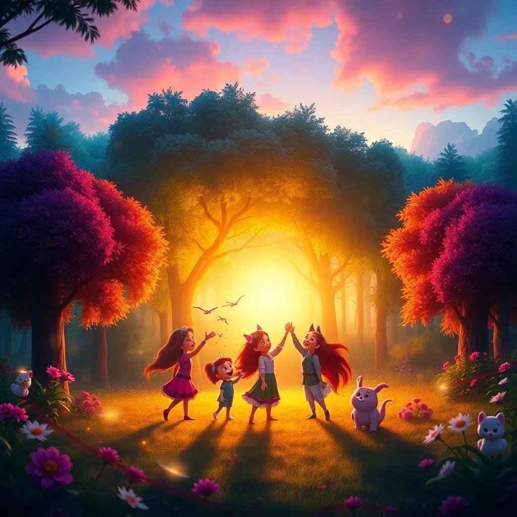 The forest glowing with vibrant colors at sunset, with Penny and her friends celebrating in a magical atmosphere, digital art, colorful, joyful scene, high quality