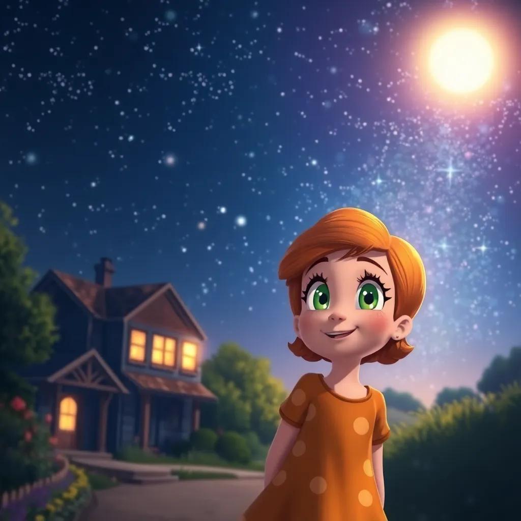 Penny returning home under a starlit sky, her heart full of happiness and dreams, with colorful hints of adventure in her eyes, beautiful night scene, digital painting, magical atmosphere, high quality