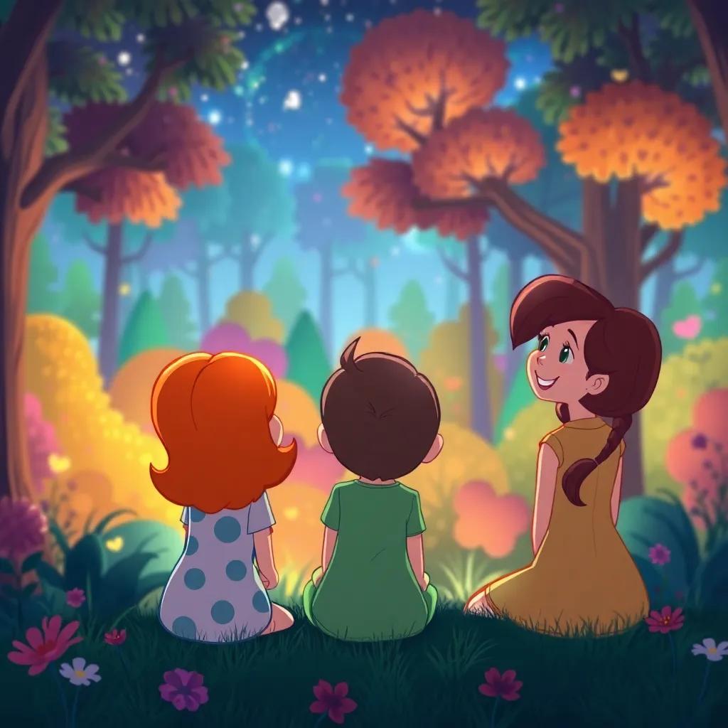 Penny with her friends gazing at the colorful forest filled with laughter and joy, as nighttime falls, vibrant hues, heartwarming scene, digital art, cheerful, high quality