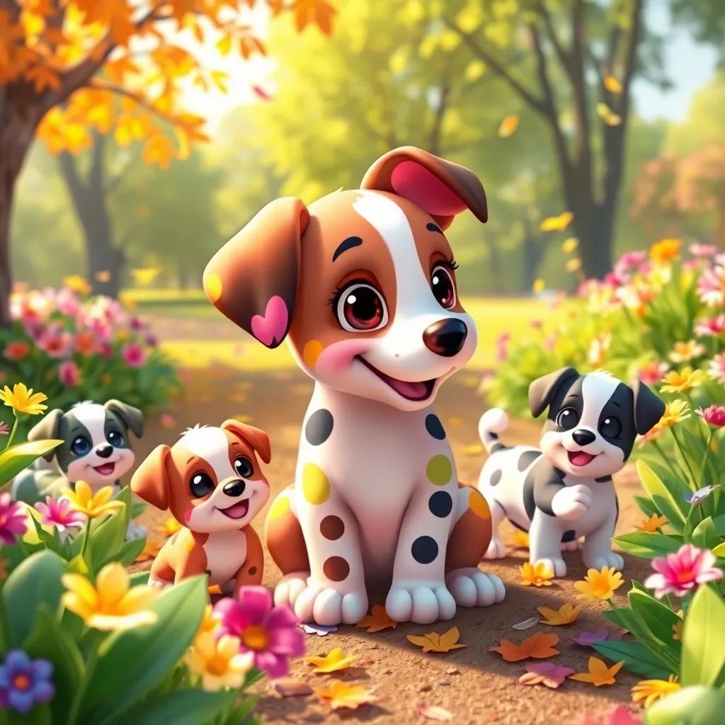 Penny, a polka-dotted puppy with bright colors, surrounded by her puppy friends in the park, exploring colorful flowers and shiny leaves, playful scene, cheerful vibe, warm sunlight, high quality