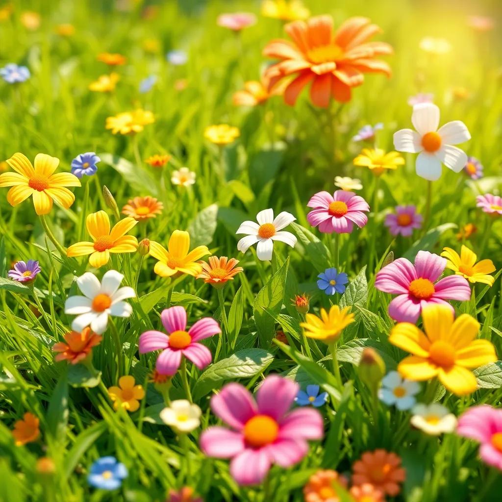 A collection of colorful flowers and shiny leaves gathered by Penny and her friends on the grass, vibrant and bright nature, detailed illustration, playful atmosphere, soft sunlight, high quality