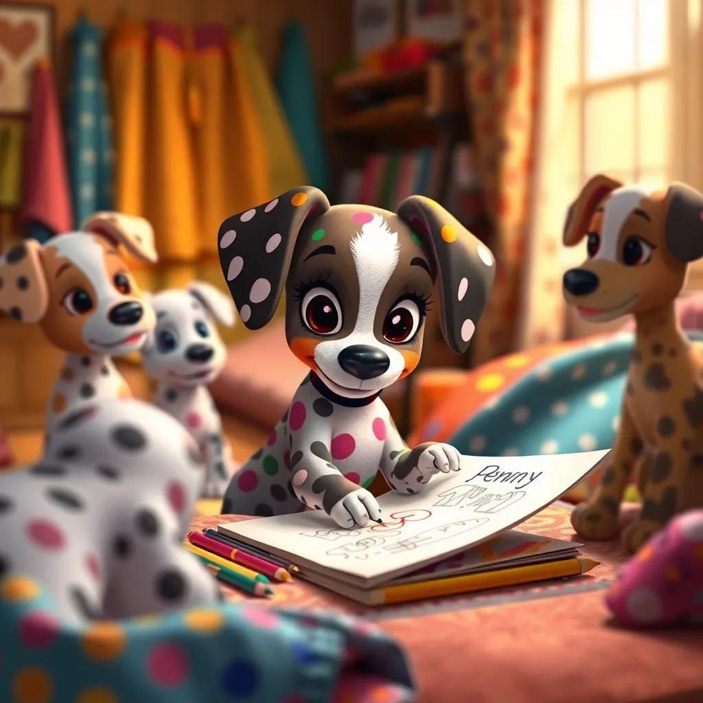 Penny, a polka-dotted puppy with bright colors, sketching her designs on paper with her friends watching, colorful fabrics around them in a cozy room, focused scene, warm light, high quality