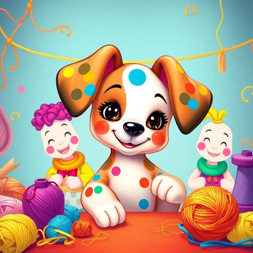 Penny, a polka-dotted puppy with bright colors, sewing colorful outfits with her friends, surrounded by bright threads and fabrics, happy faces, detailed and colorful illustration, high quality