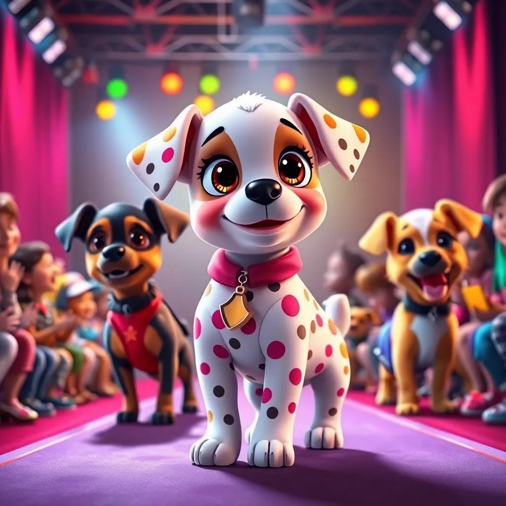 Penny, a polka-dotted puppy with bright colors, dressed in a fashionable outfit along with her friends at the puppy fashion show, a runway, colorful lights and cheering crowd, lively scene, high quality
