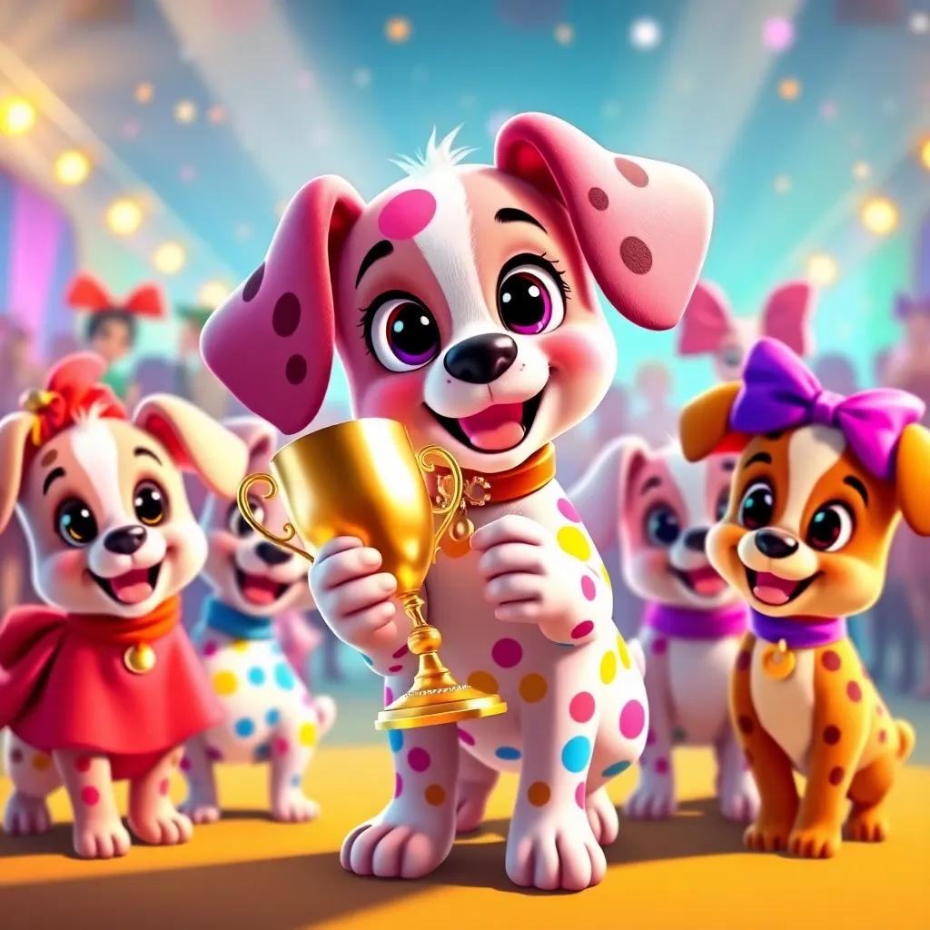 Penny, a polka-dotted puppy with bright colors, holding a shiny trophy with her puppy friends celebrating after the fashion show, vibrant colors, joyful atmosphere, high quality