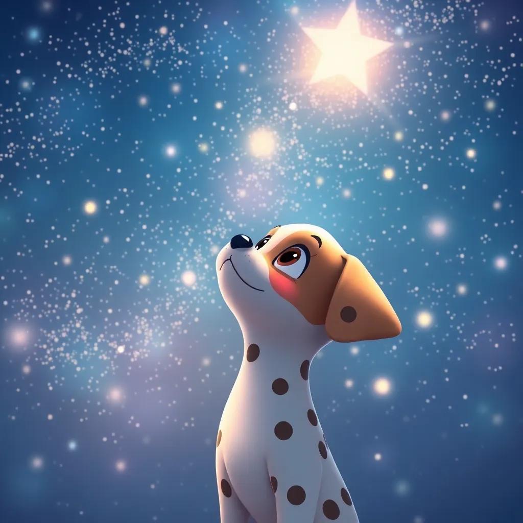 A dreamy night sky filled with stars, with Penny, a polka-dotted puppy looking up, imagining her future as a fashion designer, magical atmosphere, soft colors, high quality