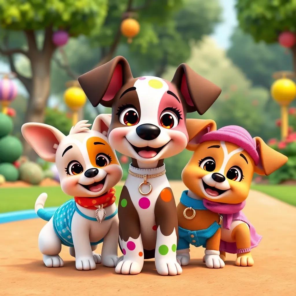 Penny, a polka-dotted puppy with bright colors, with her puppy friends posing together, wearing their fun outfits and smiling, in a vibrant and colorful park, joyful scene, high quality
