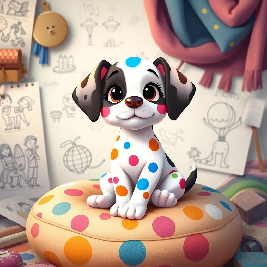 Penny, a polka-dotted puppy with bright colors, sitting on a big cushion, surrounded by sketches and fabrics, dreaming big, colorful and imaginative atmosphere, high quality